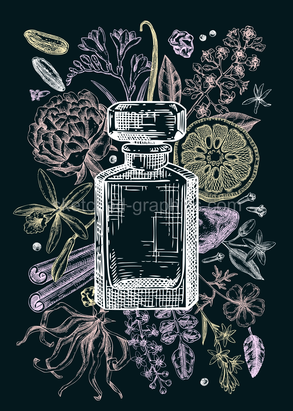Perfume brand flyer design on chalkboard. Aromatic plants and flowers hand drawn vector illustration. Perfumery and cosmetics gift card, floral invitation, book cover, poster. NOT AI generated Illustration